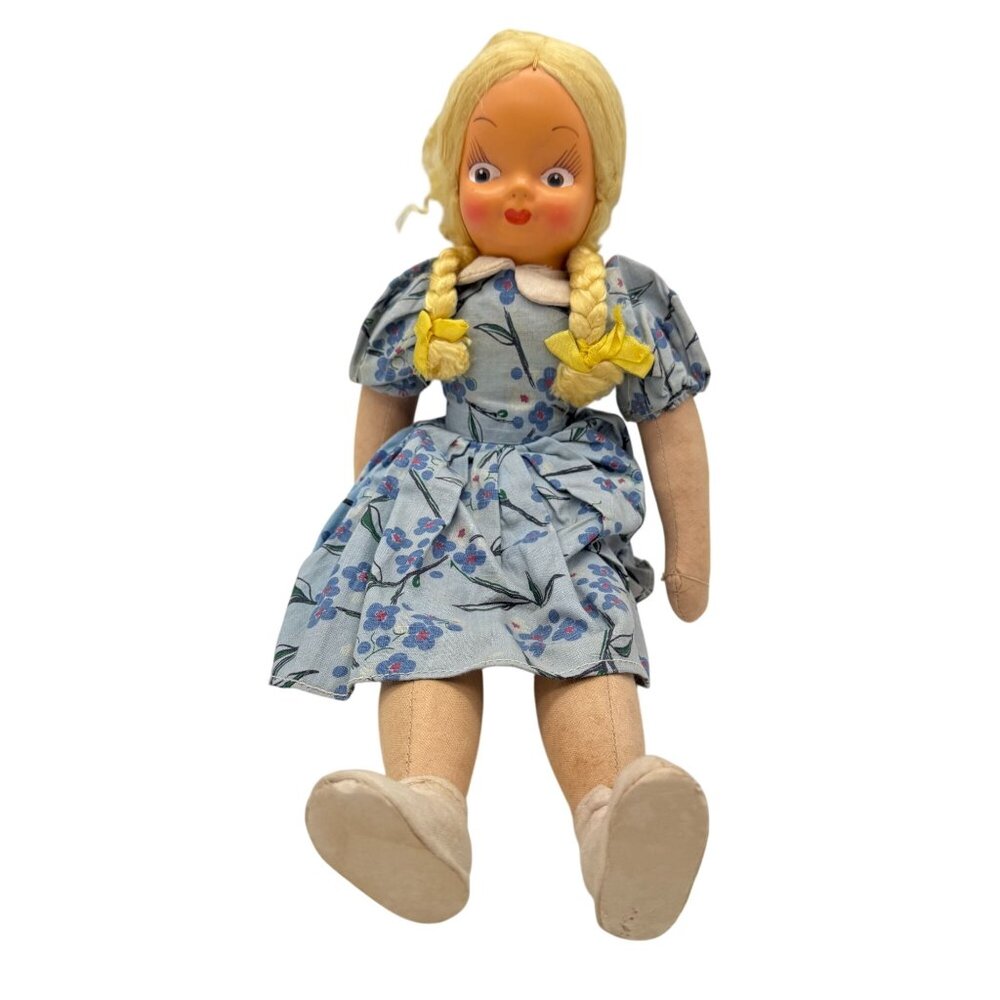 AD Sutton and Sons plastic face cloth body doll blond soft hair blue floral dres